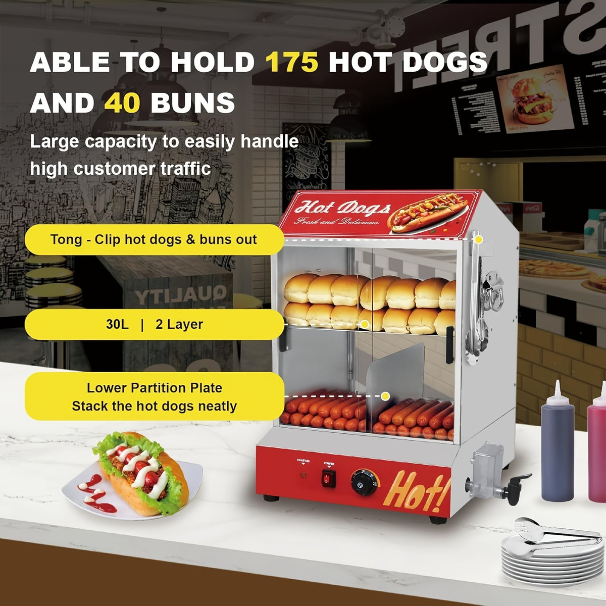 2-Tier Electric Hot Dog Steamer with Bun Warmer - 31.7QT/28.5QT Capacity, Adjustable Temperature, Visible Glass Sliding Door, Holds 175 Hot Dogs And 40 Buns