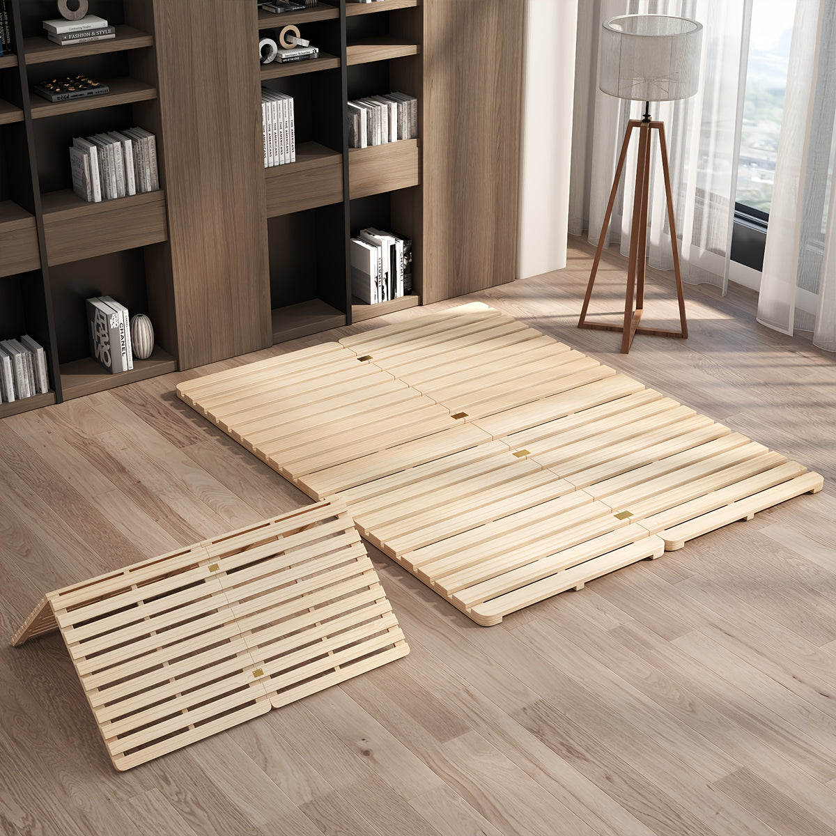 LILYPELLE Japanese Style Tatami Bed Frame, Foldable Wooden Slat Mattress Foundation, Low Profile Floor Sleeping Platform, Minimalist Space Saving Bedroom Furniture