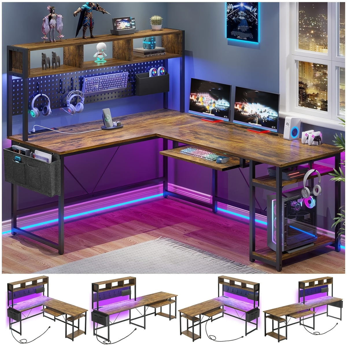 L-Shaped Gaming Desk, Reversible from a 67-Inch Corner Setup to a 94.5-Inch Two-Person Workstation