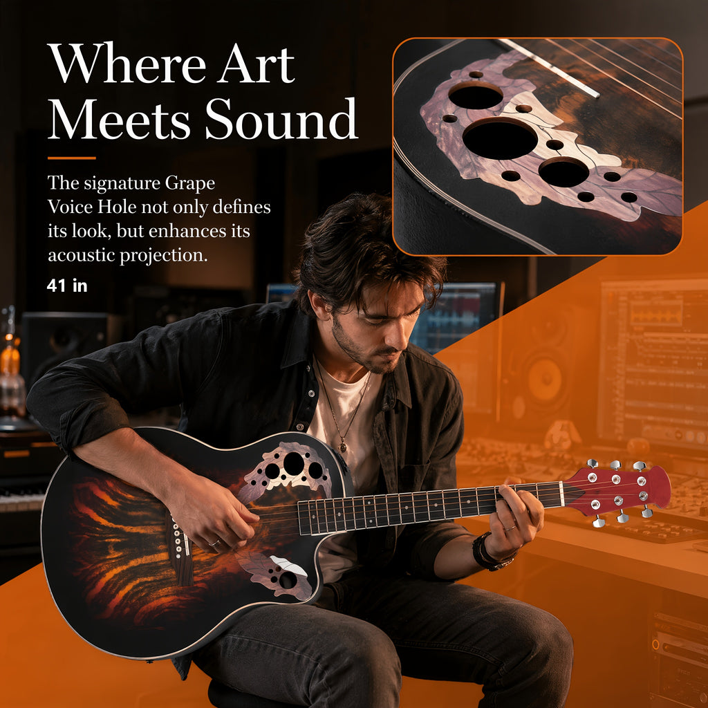 [Ideal Gift] 41-Inch Full-Size Guitar With Grape-Shaped Soundhole, Spruce Top, And Mahogany Fingerboard - Sunset Red Finish, Enhanced Tone And Playability, Suitable For All Music Styles, Ideal For Beginners And Guitarists. The Perfect Gift