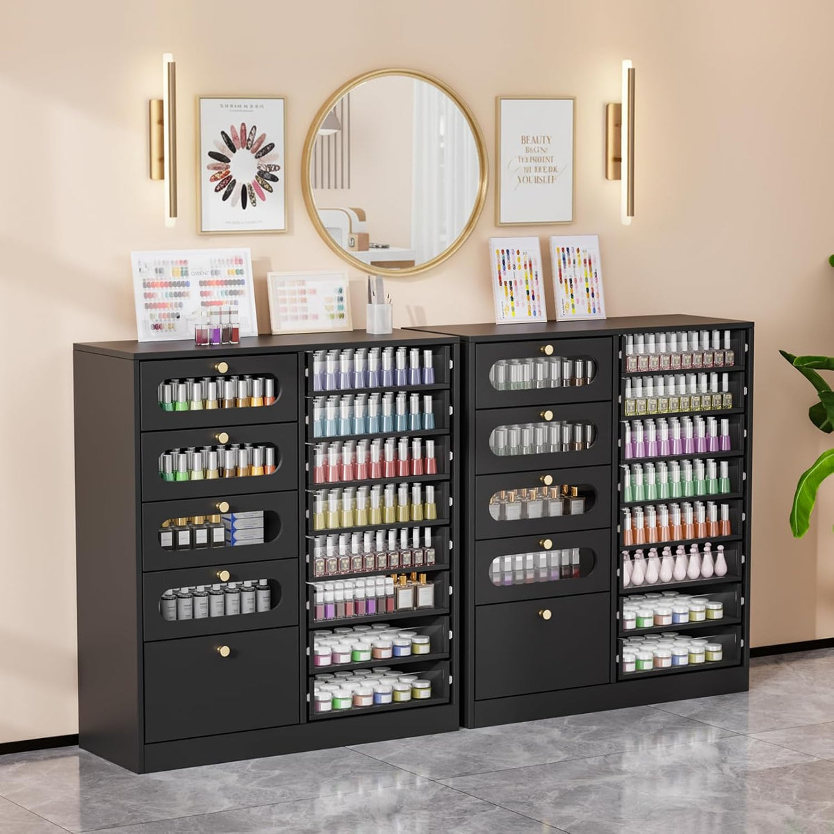 [Salon Organizer Cabinet] Nail Salon Organizer Cabinet, 32" L Floor Storage with 8 Clear & 4 Visual Drawers, Wooden Display for Polish & Powder, Beauty Salon Furniture