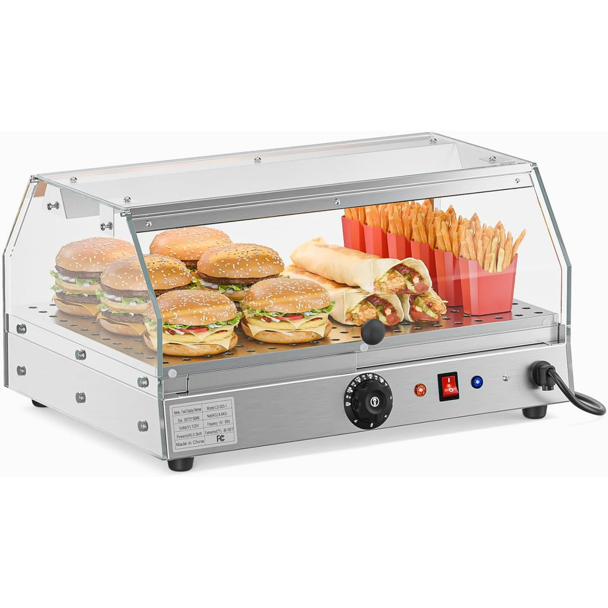2-Tier Food Warmer Pizza Warmer Countertop, Food Warmer Display Pretzel Warmer with LED Lighting Front and Rear Doors, Electric Catering Hot Box Acrylic for Buffet Restaurant Cafe
