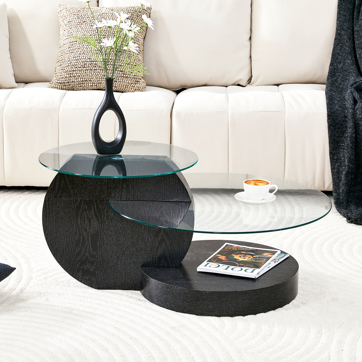 Glass Coffee Table for Small Spaces with Three-Tier Storage and a Clear Tempered Glass Top