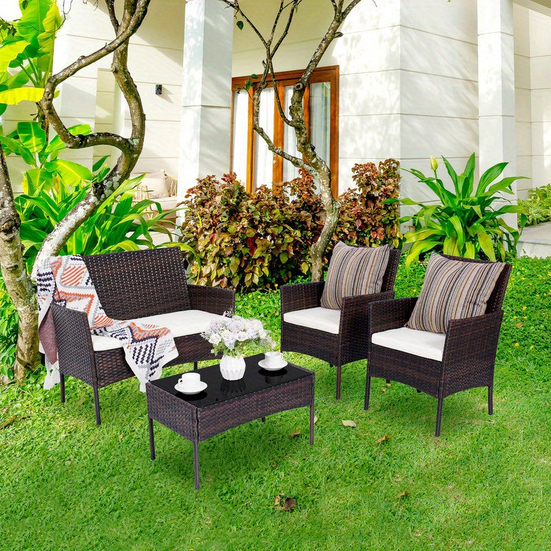 PUPATIOB 4pcs Wicker Patio Conversation Set, Outdoor Rattan Sofas with Table Set, Patio Furniture Set with Soft Cushions & Tempered Glass Coffee Table for Poolside Balcony
