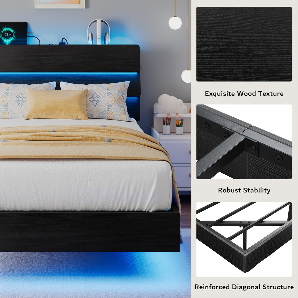 Valnase Floating Bed Frame with LED Lights & Charging Station, Platform Bed with Wooden Storage Headboard, Steel Slats Support, Easy Assembly