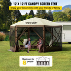 VEVOR Pop-Up Screen Gazebo Tent in 10 ft or 12 ft Sizes for Camping, Picnics and Backyard Gatherings