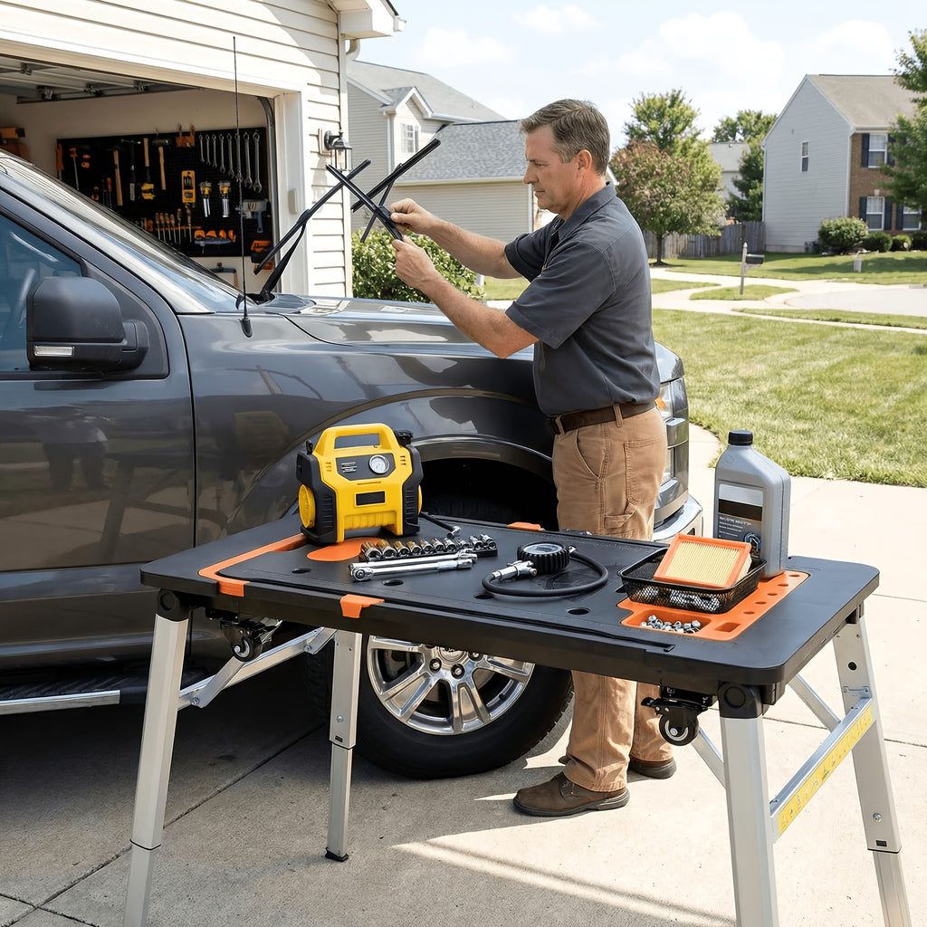 7in 1 Multifunctional Work Benches with Power Outlet, Folding Work Table for Garage, As Portable Workbench, Sawhorse, Scaffold, Platform, Car Creeper, Dolly And Hand Truck, with 4 Wheels, Requires No Assembly