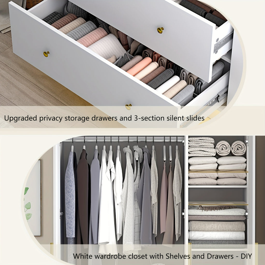 3 Doors Armoire Wardrobe Closet with Mirror, LED Armoire with Doors And Drawers, Wooden Armoire Storage Cabinet with Hanging Rod, Adjustable Shelves