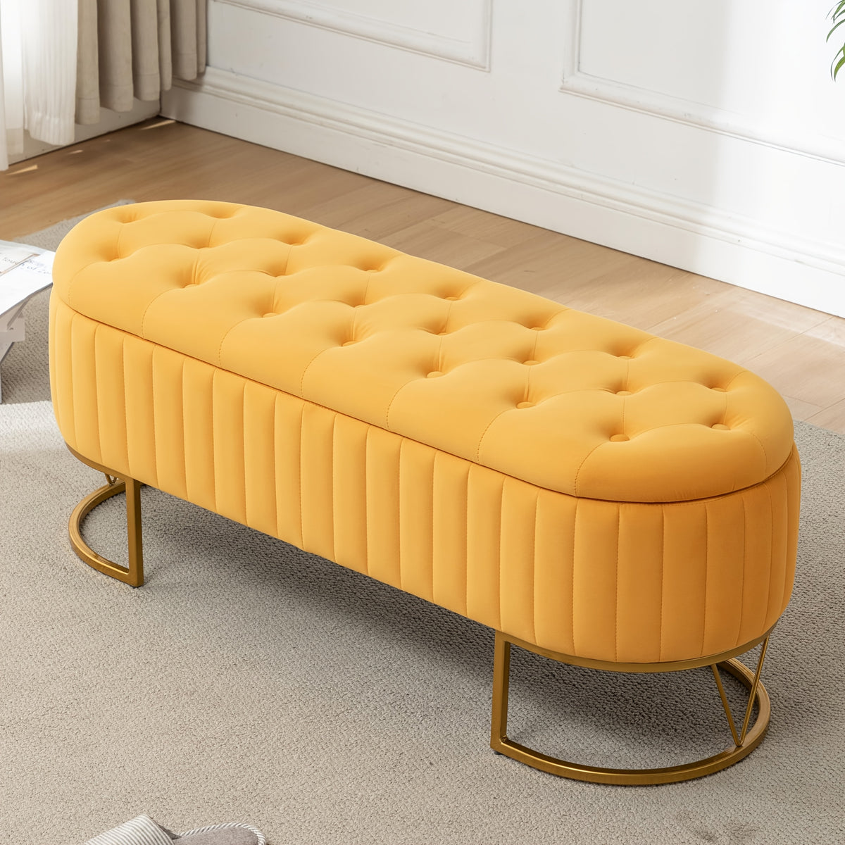 Modern 46”/46.5” (depending on orientation) Oval Velvet Storage Bench with Hinged-Lid Mechanism & Flip-Top Lid - Plush Upholstered Ottoman for End of Bed, Entryway, Living Room - Wood Frame & Luxury Design, Space-Saving Furniture (Standalone)