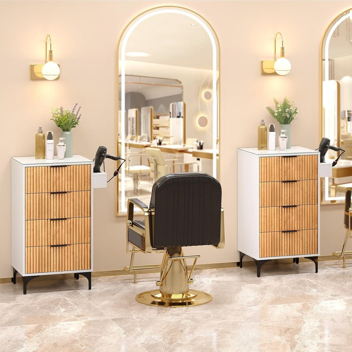 Salon Station, Barber Station for Hair Stylist, Storage Cabinet with Glass Top & Drawers & Heat Resistant Dryer Holders, Modern Retro Style for Beauty Salon, White/ Black