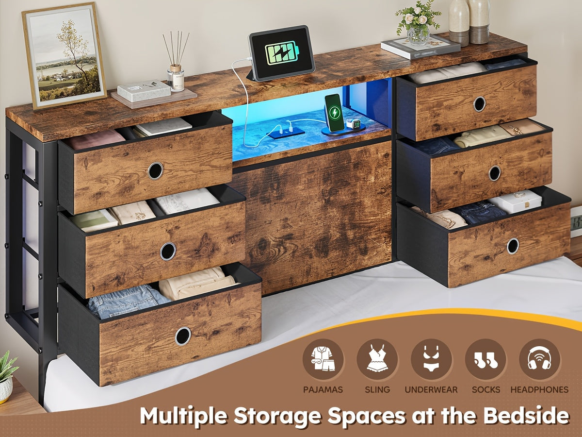 Reinforced Storage Bed Frame, King/Queen/Full with 8/9 Drawers, Headboard Storage, Multi-Color LED Lights & Charging Station, Noiseless & Easy Assembly, Black/Tiger Brown
