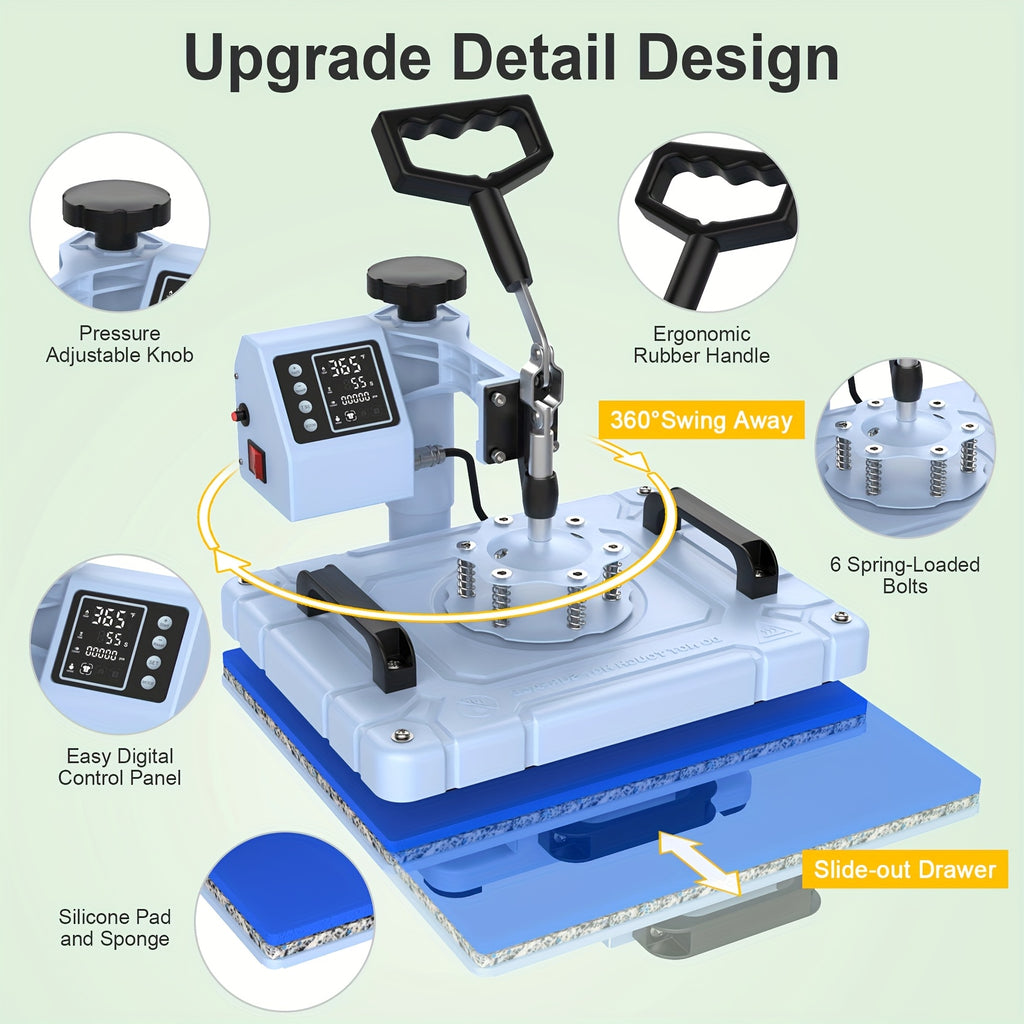 Professional 5-in-1 Heat Press 12x15 Inch with 30oz Tumbler Press, Swing Away Design, Digital Sublimation Machine for T-Shirts, Tumblers, Hats & Plates