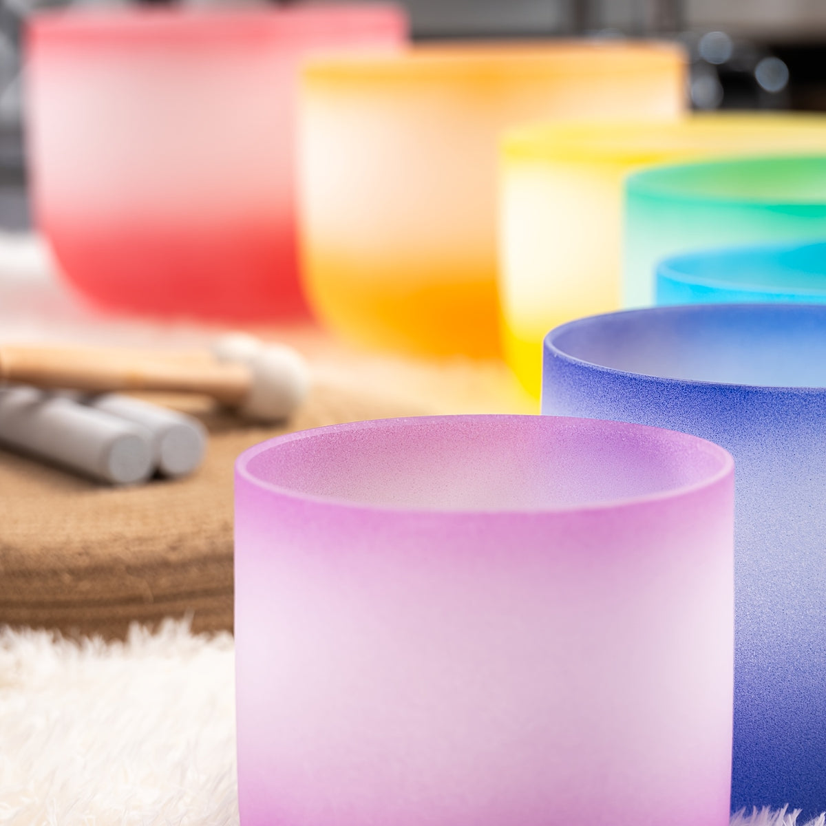 [Singing Bowls] Quartz Crystal Singing Bowls | Set of 7 | Quartz Crystal | Aria Gradient Design | For Meditation Yoga | 6-12 Inch | With Case Mallet Striker