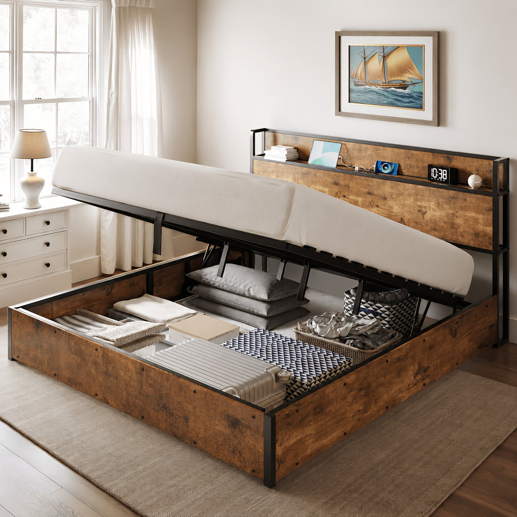 Lift Up Storage Bed Frame, Wooden Platform Bed Frame with Lifting Storage & Charging Station, No Spring Box Needed/Noise Free
