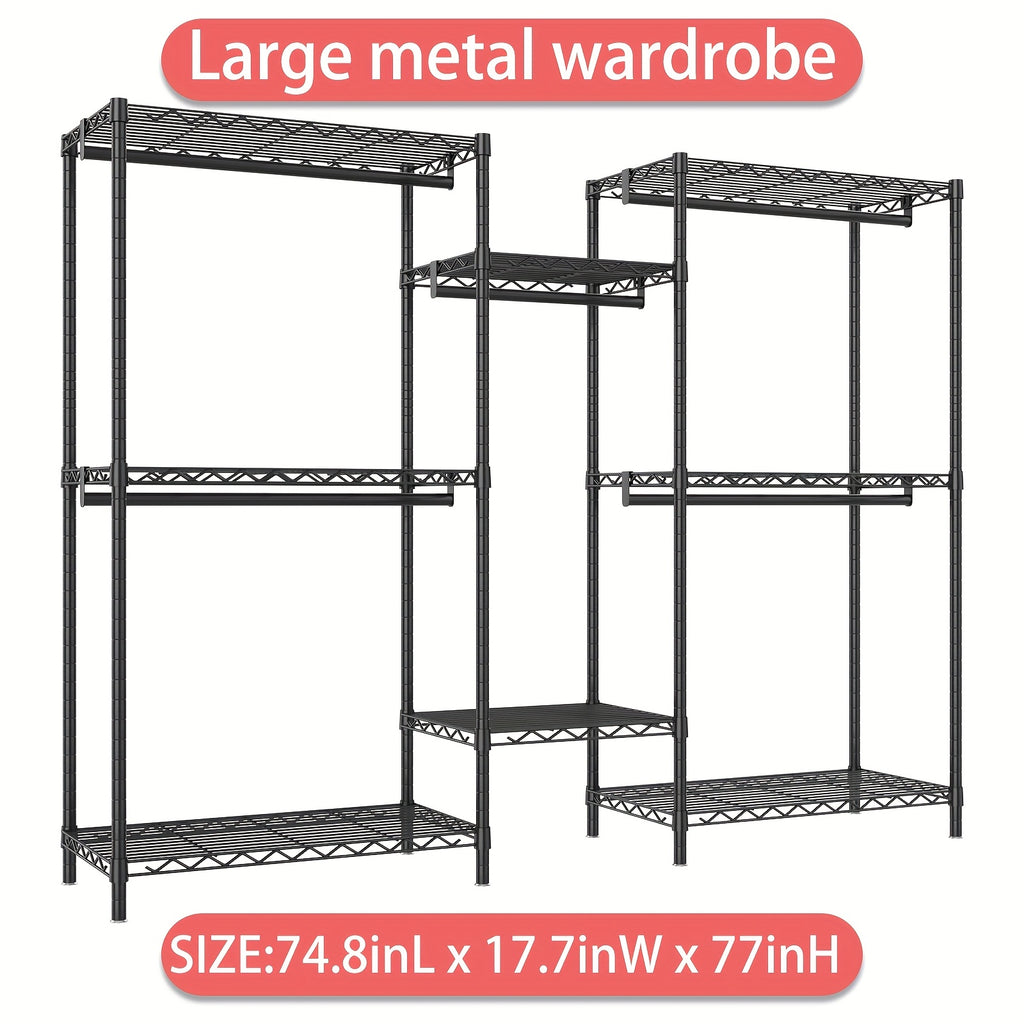 Extra Large Heavy Duty Clothes Rack, 2 Hanging Rods, 11 Dividers, 4 Installation Methods, 1100lb Load Capacity, Size 77"W x 17.7"D x 77"H, Free Standing Metal Wardrobe