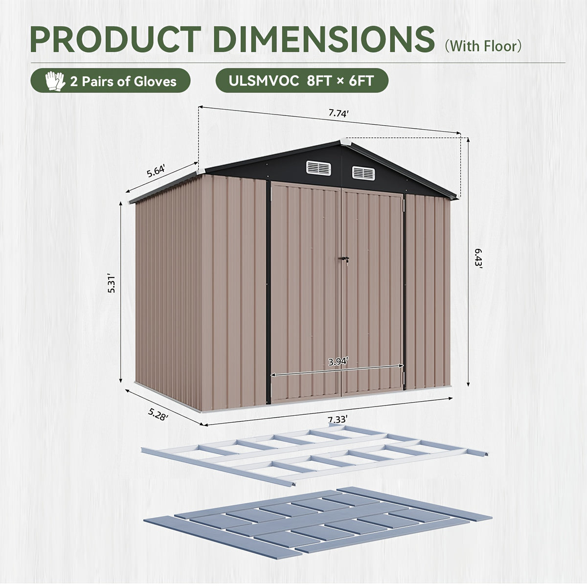 [Outdoor Storage Shed] ULSMVOC 10X12/10X8/8X6/6X4 FT Outdoor Storage Shed With Floor - Metal Garden Shed With Lockable Door And Sloped Roof For Garden, Backyard, Patio, And Backyard Brown