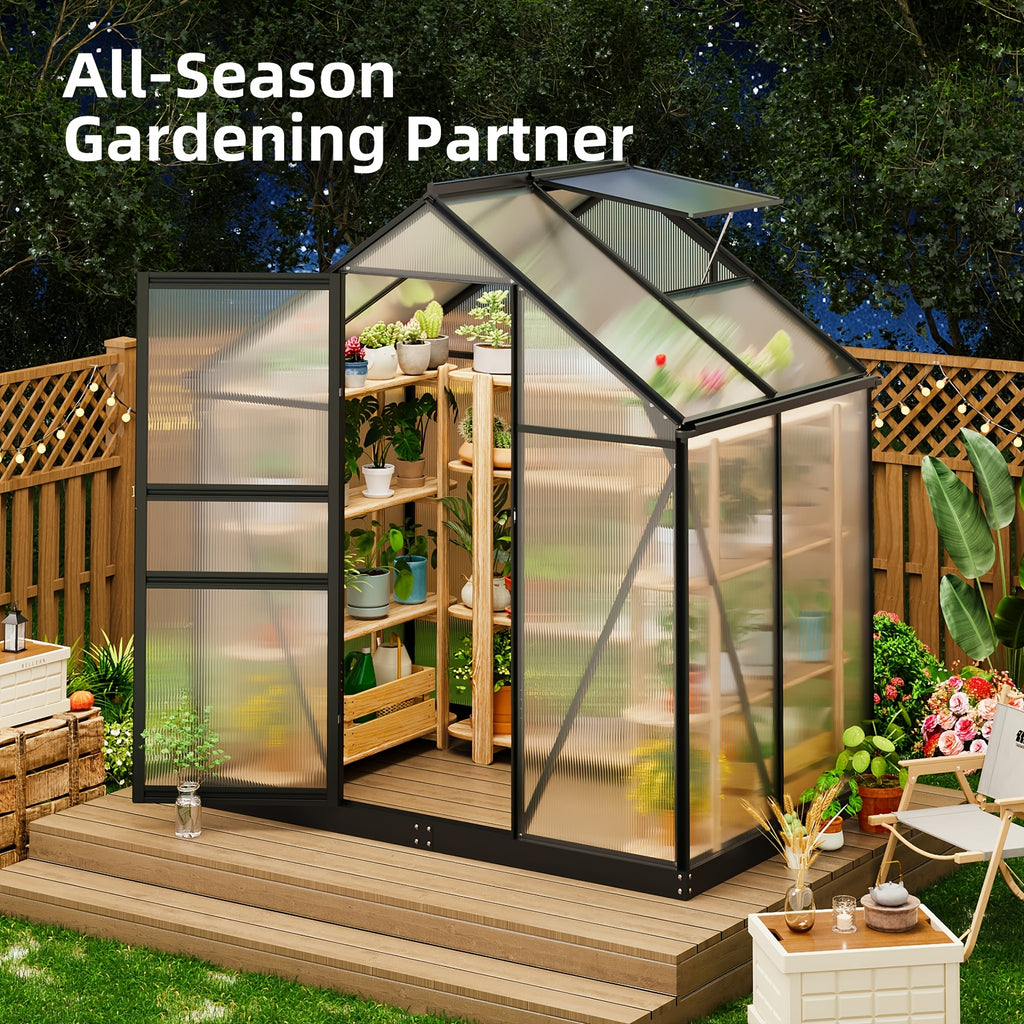 Walk-In Greenhouse with Roof Ventilation, 6 x 4 ft Polycarbonate Garden Structure on an Aluminum Frame