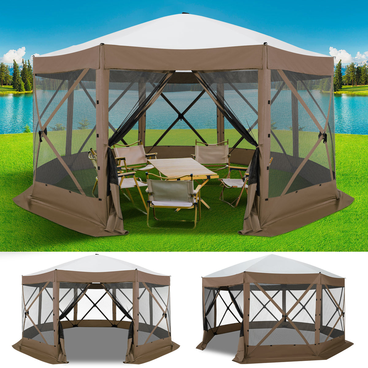 12X12Ft Pop-Up Canopy, Without Cloths, with Octagonal Mesh, One Person Can Quickly Build with a Handbag And Ground Pile, Suitable for Camping, Outdoor Activities