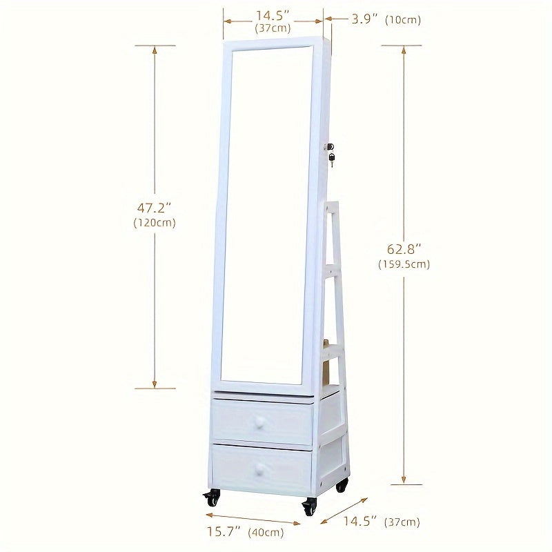 Rotating Jewelry Armoire With LED, Full Length Mirror Large Capacity Jewelry Organizer Armoire, Lockable Floor Standing Mirror With Back Storage Shelves With Wheels Baskets, Bins & Containers