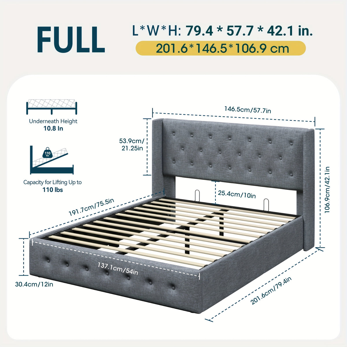 WEEWAY Lift Up Storage Bed, Modern Wingback Upholstered Headboard, Hydraulic Platform Bed, Wooden Slats Support, Heavy Duty Mattress Foundation, No Box Spring Needed, Easy Assembly, Full/Queen/King Size, for House Bedroom Furniture, Free Shipping
