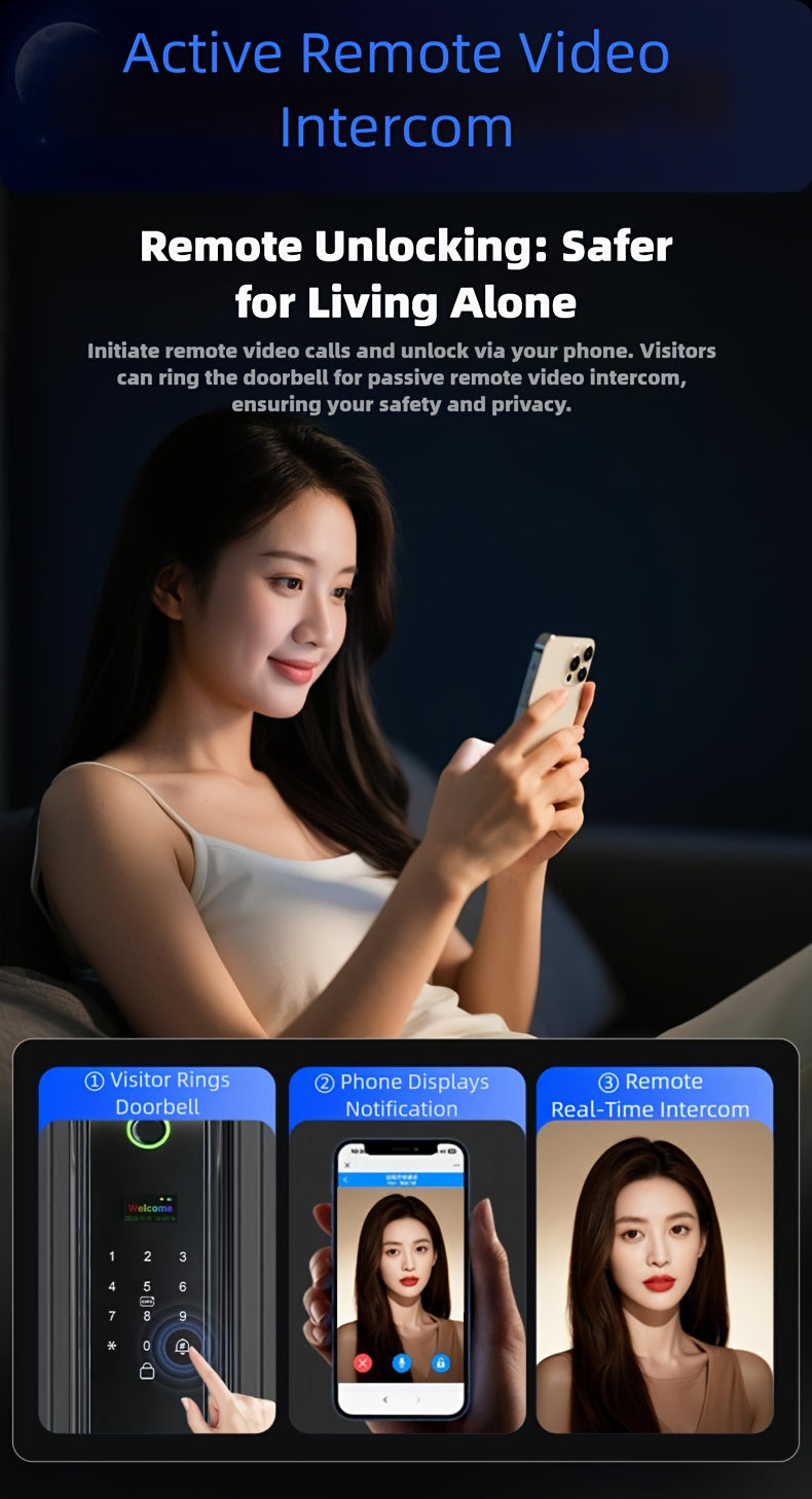 Modern AI Smart Lock with 3D Facial & Fingerprint/Palm Vein Biometric Entry, Keyless Door Lock Suitable for Home/Office, Remote Video Intercom System, Mobile App, Password/Key Entry, Smart Door Lock for Apartments