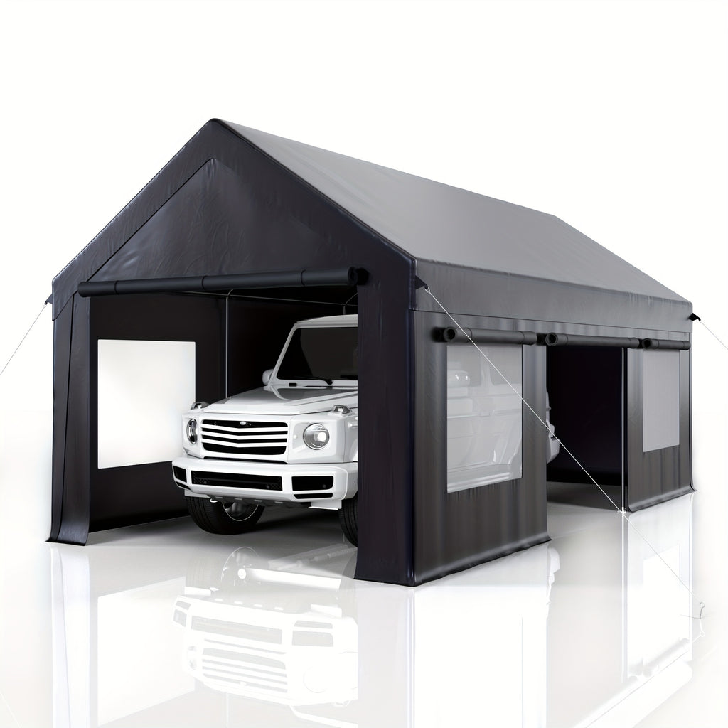 [Extra Large Carport] 12X20 10X20 FT Extra Large Heavy Duty Carport, Upgraded Portable Garage Car Canopy with Roll-Up Ventilated Windows, Removable Sidewalls, Waterproof UV Resistant All-Season Tarp for Parking, Dark Gray Or