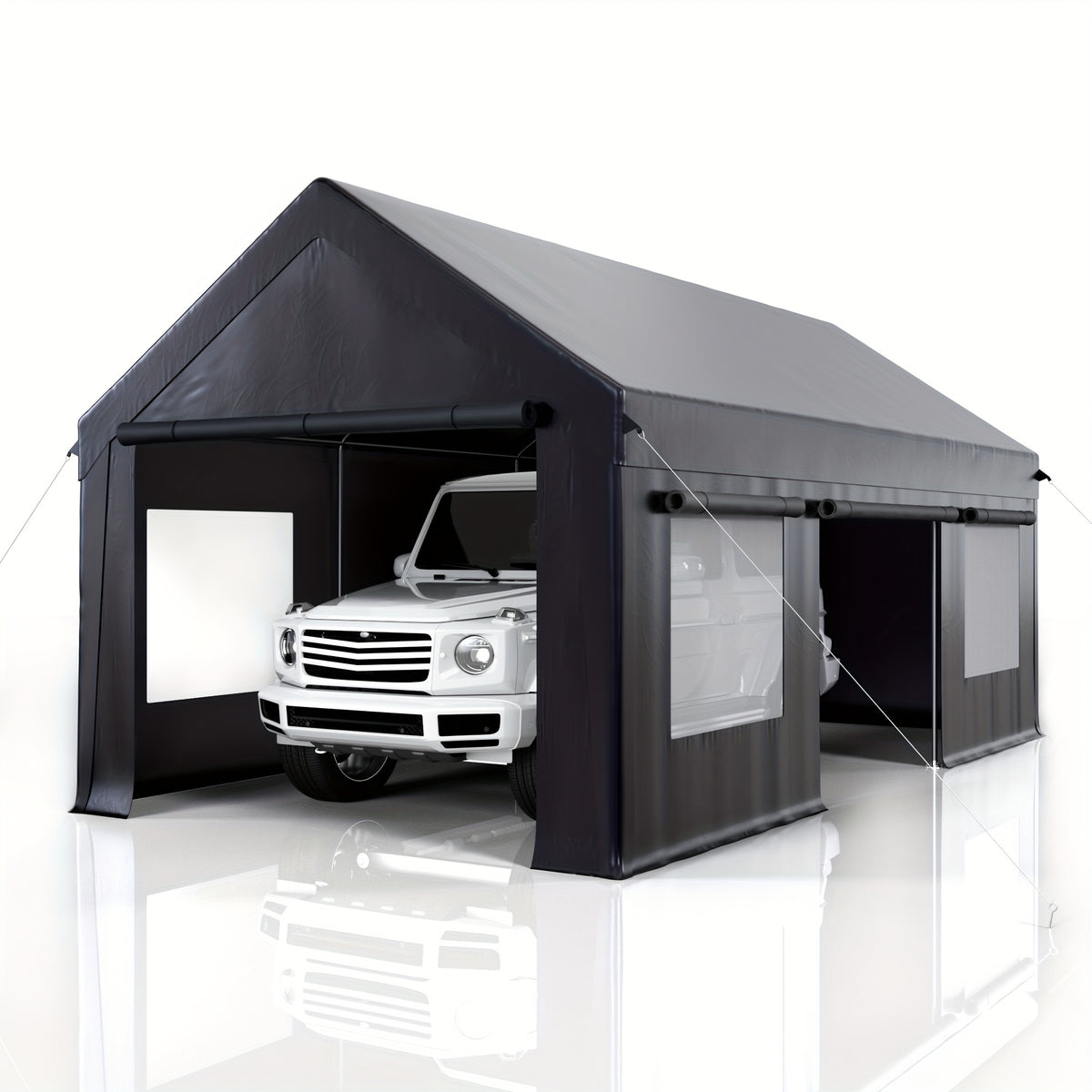 [Extra Large Carport] 12X20 10X20 FT Extra Large Heavy Duty Carport, Upgraded Portable Garage Car Canopy with Roll-Up Ventilated Windows, Removable Sidewalls, Waterproof UV Resistant All-Season Tarp for Parking, Dark Gray Or