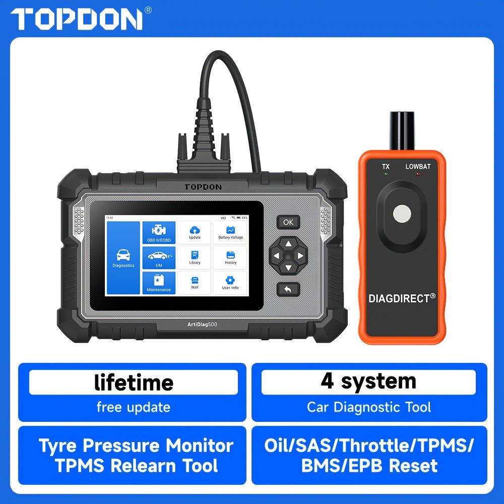 TOPDON Artidiag500 with TPMS Relear OBD2 Scanner - Full 4-System (Engine/Abs/Srs/Transmission) Diagnostics with 6 Reset Services (Oil, TPMS, BMS, EPB, SAS, Throttle) - CAN FD Support - 1000+ Vehicle - Autovin - Real-Time Live Data & Auto Shops AD500