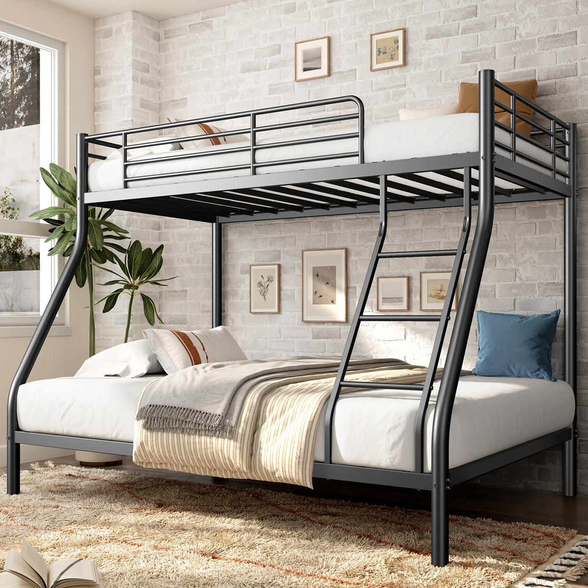 Bunk Beds Twin Over Twin/Full Size, Heavy Duty Metal Bunk Bed Frame With Angled Ladder For Spaces-Saving, Smooth Rounded Edges, Noise Free & Easy Assembly, Black