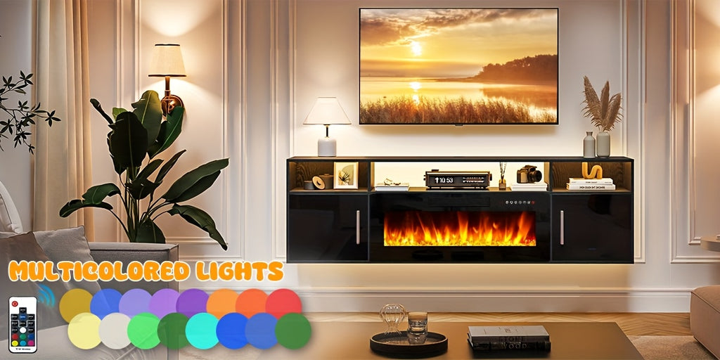 Floating Fireplace TV Stand 70'' Wall Mounted Shelf, LED Light Entertainment Center And Storage, Modern Wood Media TV Console with Highlight Cabinet for Living Room