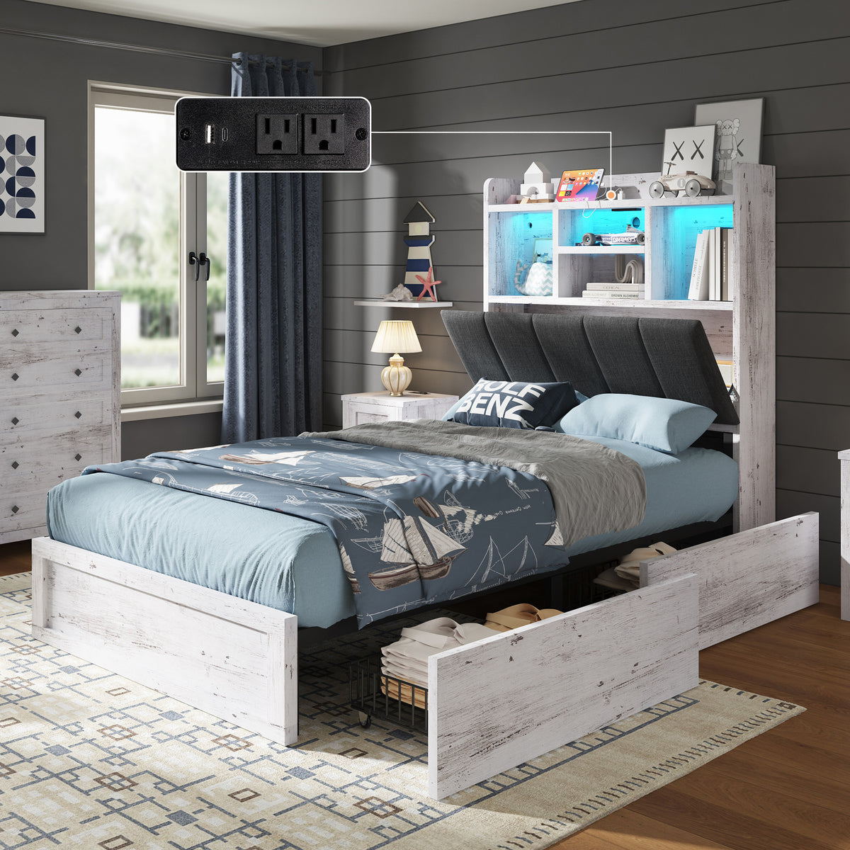 Platform Bed with 4 Storage Drawers, 51.2" Tall LED Bed Frame with Bookcase Headboard, Linen Upholstered, Charging Station& Hidden Storage Area, No Box Spring Needed