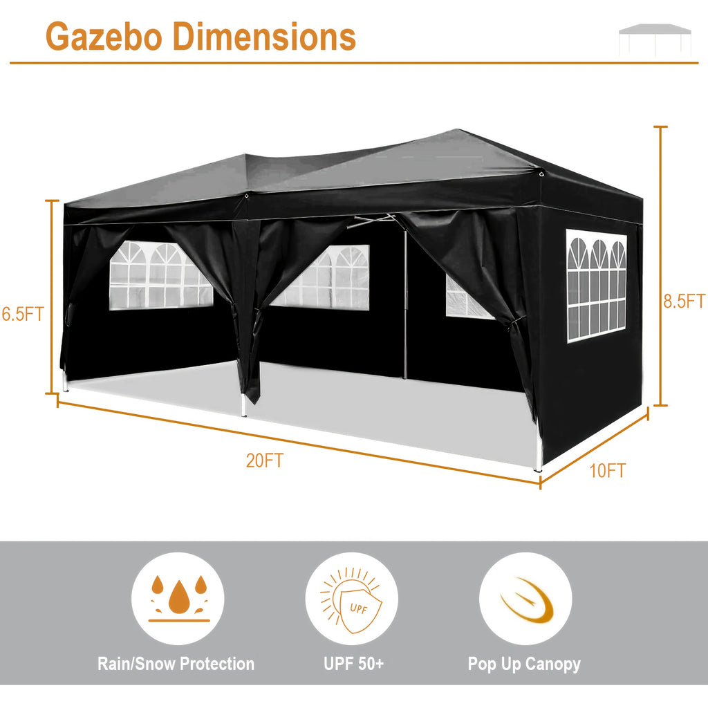 10X20ft Pop Up Wedding Party Tent with 6 Sidewalls, Heavy Duty Commercial Outdoor Canopy All Season Wind & Waterproof Canopy Gazebo with Storage Bag