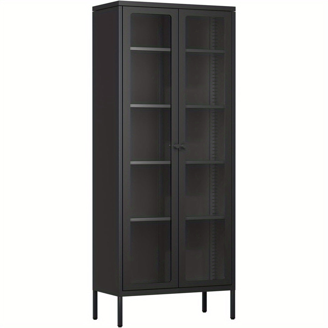 Metal Glass Display Cabinet With Five-Tier Storage Shelves Tall Glass-Door Display Cabinet Steel Storage Cabinet Display Unit Ideal For Home Offices And Living Rooms (Blue/Pink/White/Black)