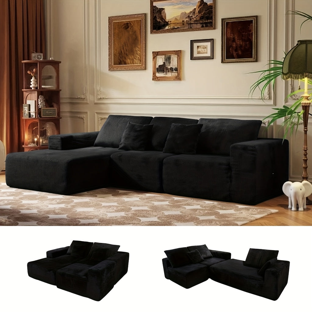 108-inch Modular Sectional Sofa, L-Shaped Cloud Couch with Chaise, Black Plush Fabric, Deep Seat Upholstered Couches for Living Room, Boneless Sofa