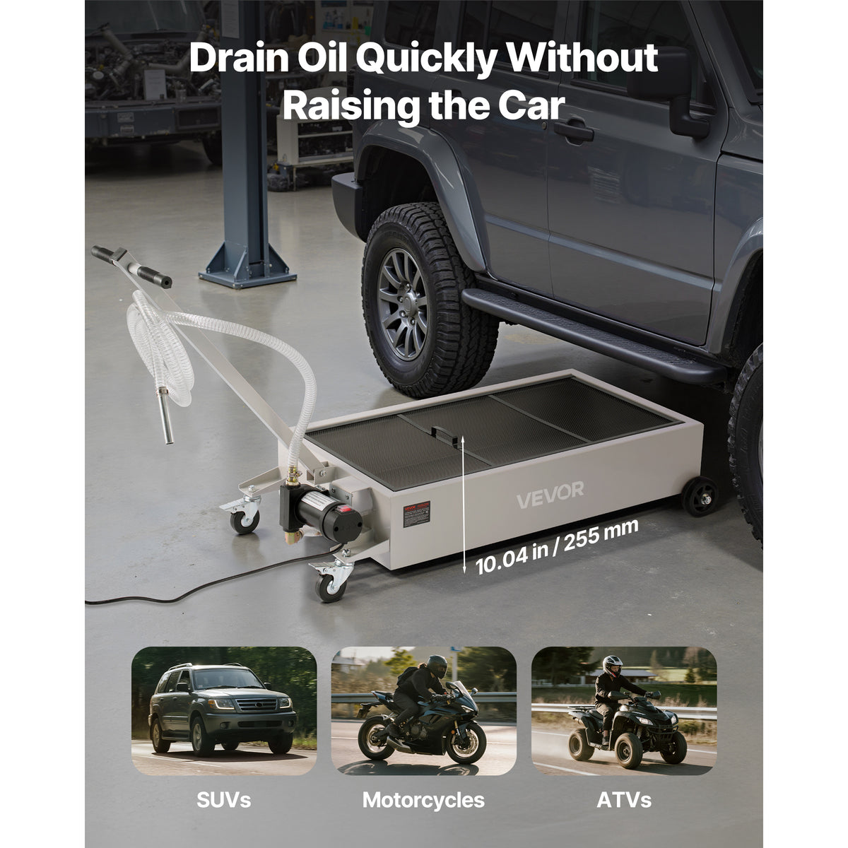 VEVOR Low Profile Oil Drain Pan, 17 Gallon / 20 Gallon Capacity, Rolling Oil Drain Pan with Electric Pump, 7.2 ft Hose & T Folding Handle, Leak-proof & Corrosion-resistant, Fit for Cars, SUVs, Trucks, ATVs, White
