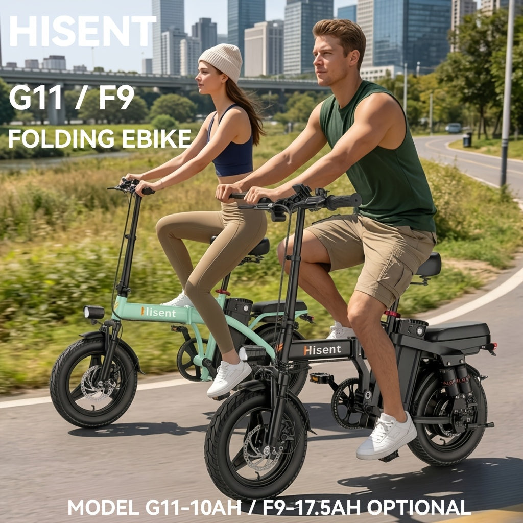 Hisent Foldable Electric Bicycle, Power: 500W Brushless Motor, 48V 10AH/17.5AH Lithium Battery (optional), 12 to 35 Miles Range; Speed: 19.9 MPH, Dual Brakes, LED Headlights, 14-inch Tires, Commuting And School Trips, Stylish Design, Sturdy Structure