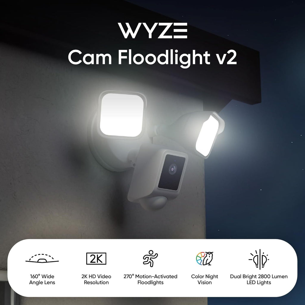 WYZE Floodlight Camera v2, 2800-Lumen LEDs, 2K HD Outdoor Security Camera, 160° Wide View, Motion Activated Light, 105dB Siren, Color Night Vision, Compatible with Alexa & Google Assistant, Wired, White