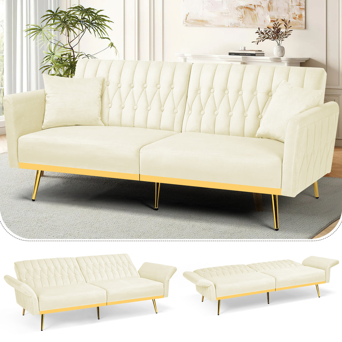 ACMEASE 70-Inch Velvet Convertible Sofa Bed with 2 Pillows, Adjustable Backrest And Armrest Tufted Sleeper Sofa with Golden Metal Legs for Living Room