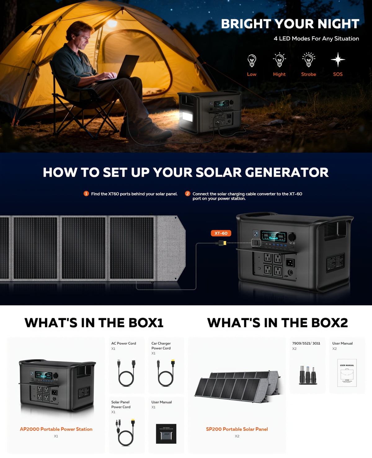 Ctolity 4800W Peak Portable Powerstation, 2400W Rate Power, UPS Function, Lifepo4 Battery, 400W/200W/100W Solar Panel Match with The Power Station, Solar Powered Survival Must Have, AP2000 2048Wh 2400W Power Station, XP1000 1024Wh 1600W, AP400 345Wh