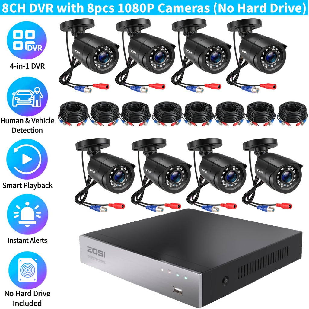 8-Channel 5MP Lite H.265+ ZOSI Wired Security Camera System - AI Human Vehicle Detection, 4-in-1 Output Signal, 8 x 1080P Surveillance Cameras with 60FT BNC Cables, Email Alert with Snapshots (No Hard Drive)