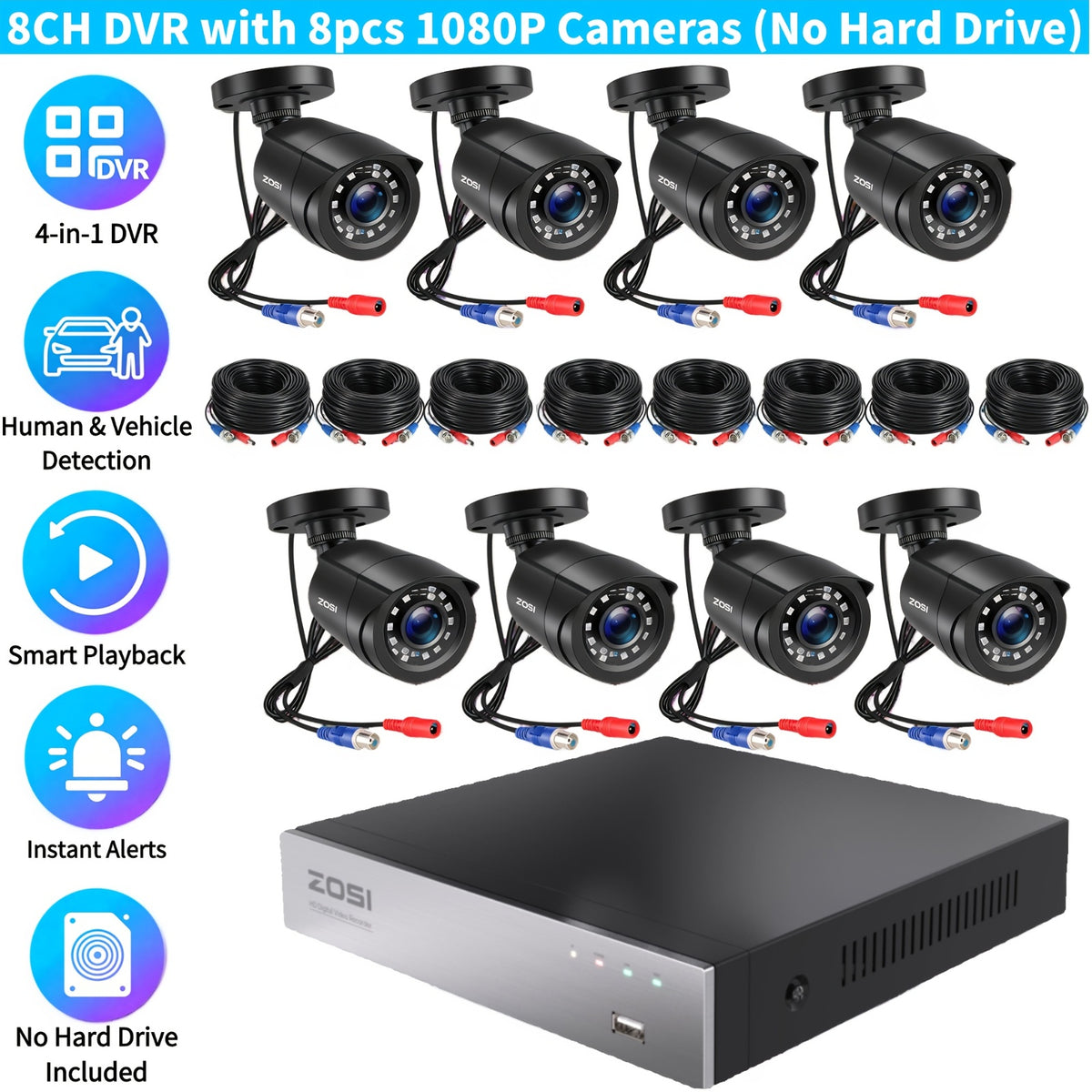 8-Channel 5MP Lite H.265+ ZOSI Wired Security Camera System - AI Human Vehicle Detection, 4-in-1 Output Signal, 8 x 1080P Surveillance Cameras with 60FT BNC Cables, Email Alert with Snapshots (No Hard Drive)