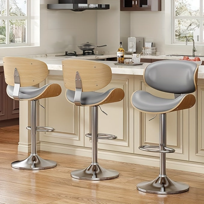 3pcs Modern Faux Leather Upholstered Bar Stools, 360° Swivel Adjustable Height with Backrests, Metal Tall Bar Stools Counter Height for Kitchen Island, Hydraulic Island Barstools