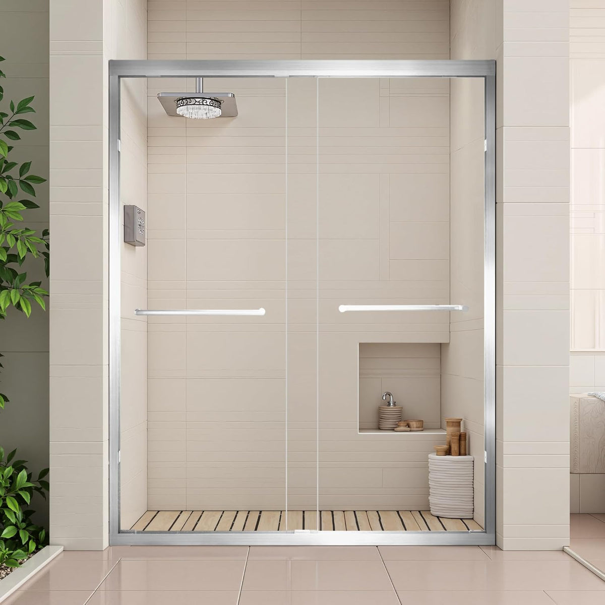 56-60" W X 72" H Double Sliding Shower Door - 1/4" (6Mm) ANSI/SGCC Tempered Glass | Matte Black/Brushed Nickel Aluminum Frame And Stainless Steel Handles