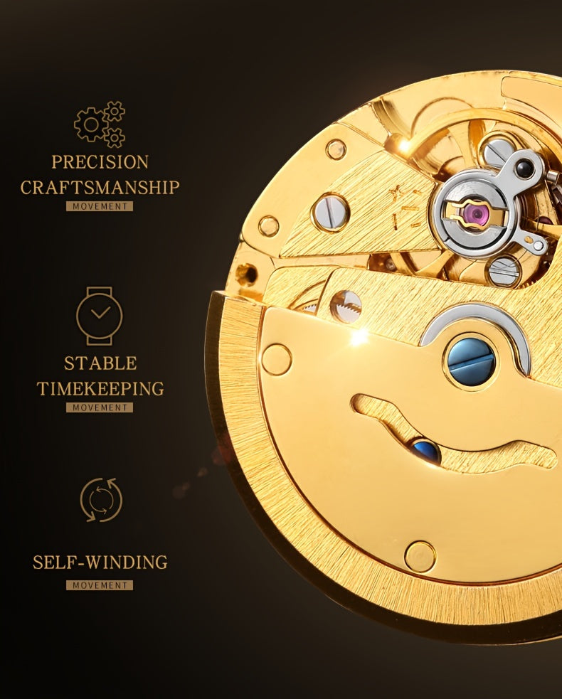 ROCOS Brand Luxury Golden Men's Watches High-end Business Simple Fashion Men's Watches Automatic Mechanical Watches Sun Pattern Brushed Dial Calfskin Strap Waterproof Men's Watches Week Calendar Display Gifts for Men