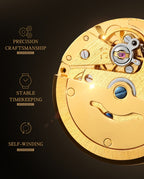 ROCOS Brand Luxury Golden Men's Watches High-end Business Simple Fashion Men's Watches Automatic Mechanical Watches Sun Pattern Brushed Dial Calfskin Strap Waterproof Men's Watches Week Calendar Display Gifts for Men