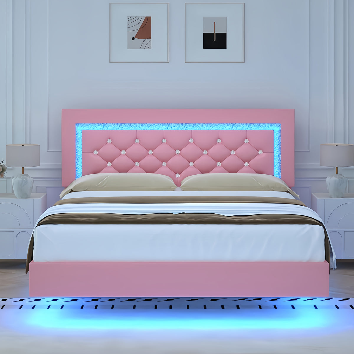 Twin Full Queen King Size Floating Bed Frame with LED Lights, Upholstered Platform Bed with Diamond Tufted Headboard, No Box Spring Needed, Noise Free, Easy Assembly, Black/Pink/White