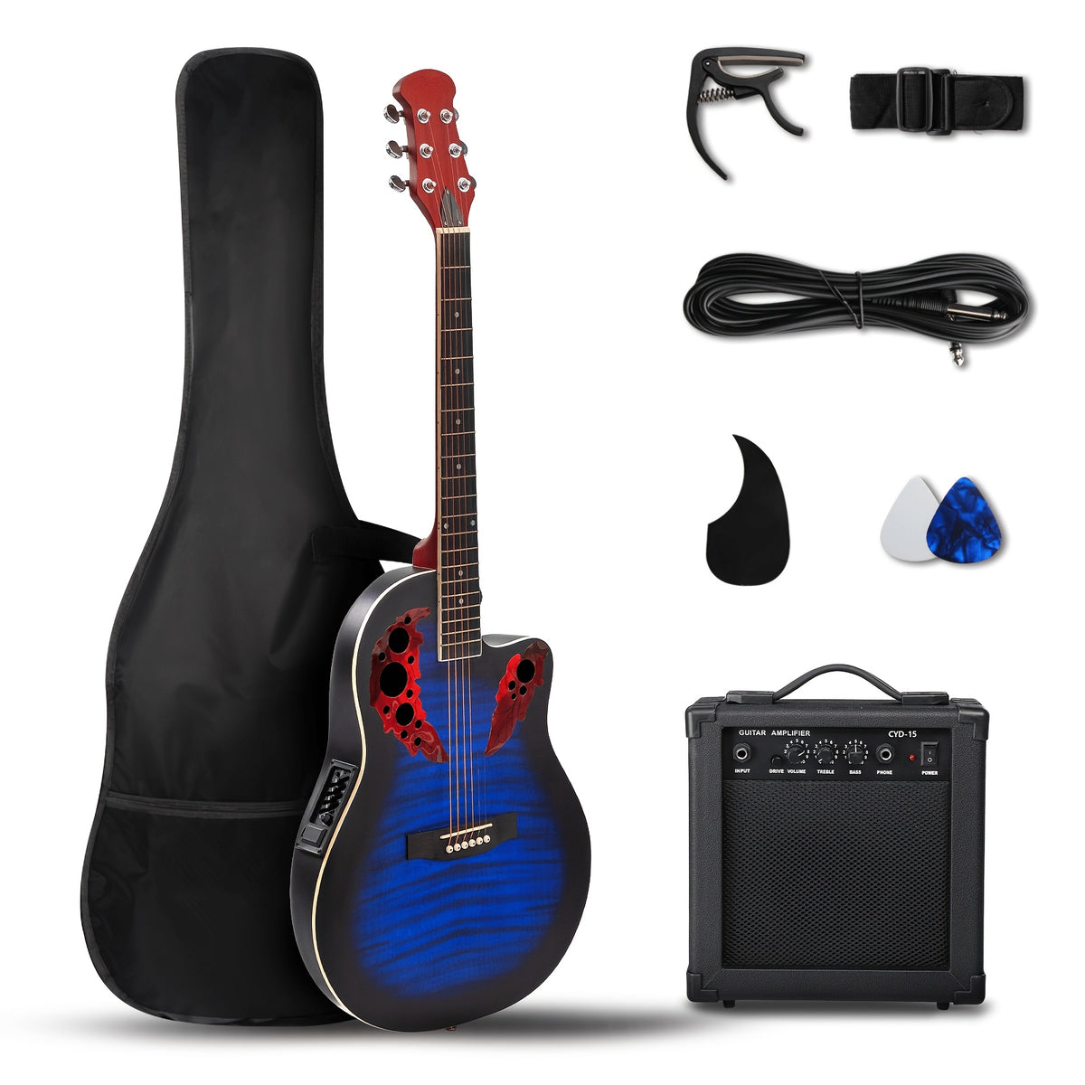 Acoustic-Electric Guitar — Bonnlo 41-Inch Cutaway Full-Size Starter Kit in Blue or Black, AMP Options