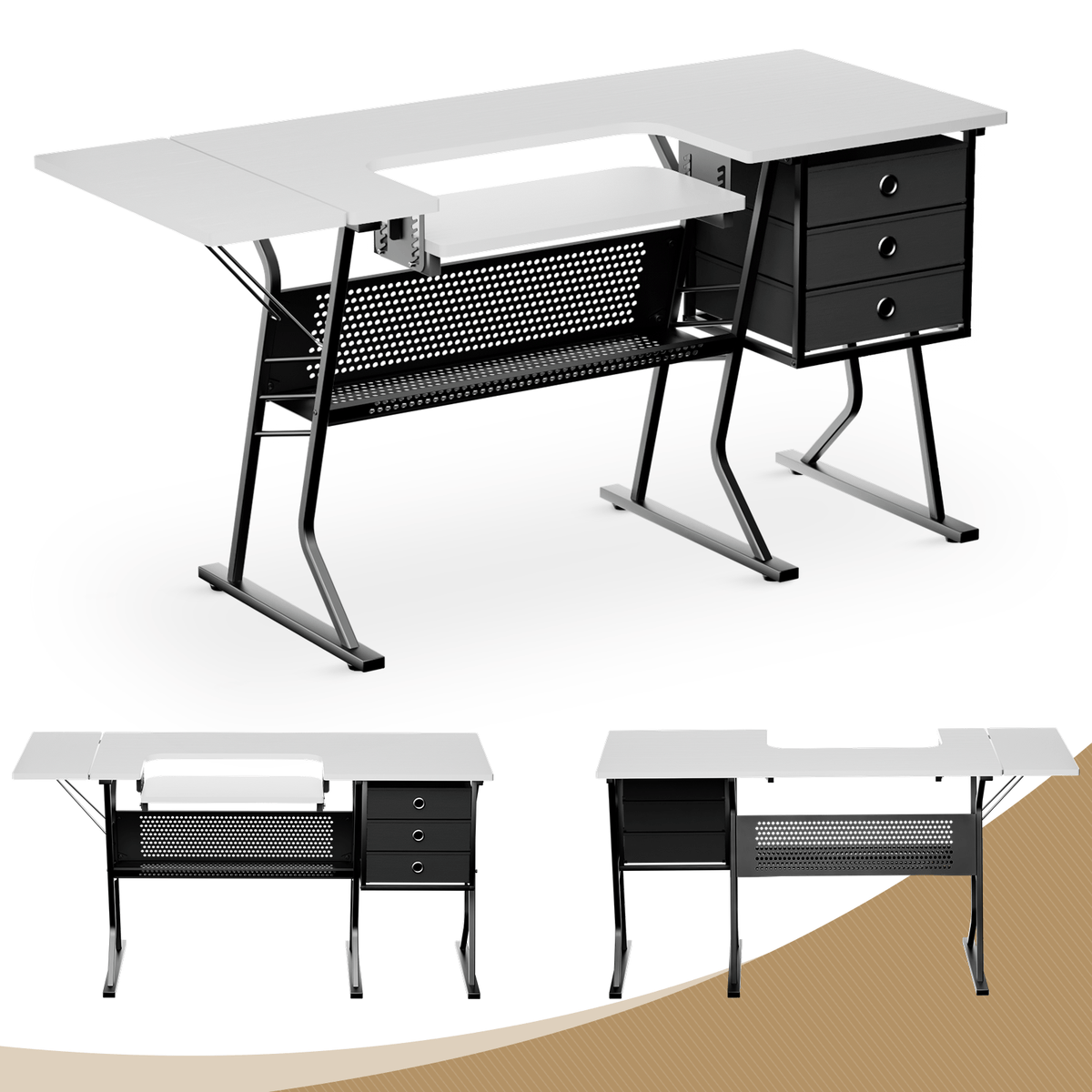 57" Sewing Craft Table, Lager Sewing Machine Table w/Adjustable Versatile Shelf & Enlarged Cutting Space, Sturdy Computer Desk with Storage Drawer