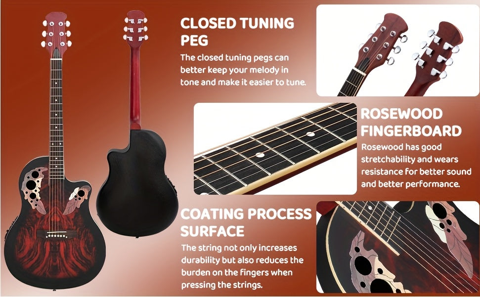 [Ideal Gift] 41-Inch Full-Size Guitar With Grape-Shaped Soundhole, Spruce Top, And Mahogany Fingerboard - Sunset Red Finish, Enhanced Tone And Playability, Suitable For All Music Styles, Ideal For Beginners And Guitarists. The Perfect Gift