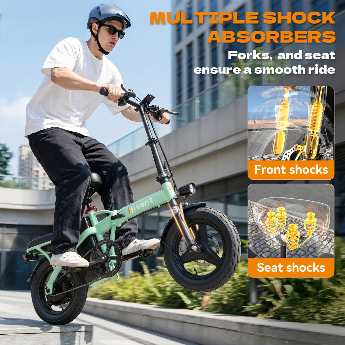 Hisent Foldable Electric Bicycle, Power: 500W Brushless Motor, 48V 10AH/17.5AH Lithium Battery (optional), 12 to 35 Miles Range; Speed: 19.9 MPH, Dual Brakes, LED Headlights, 14-inch Tires, Commuting And School Trips, Stylish Design, Sturdy Structure